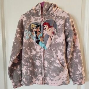 Kids sz 6 Disney Princesses Heart Zip Up Hoodie Gray Pink Tie Dye Fleece‎